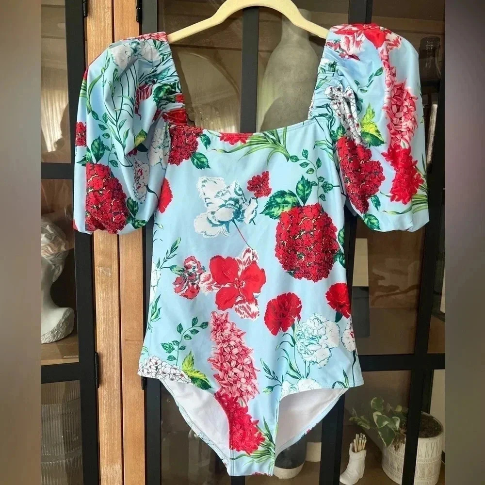 Floral One Piece swimsuit red white blue hydrangea puff short sleeve square neck